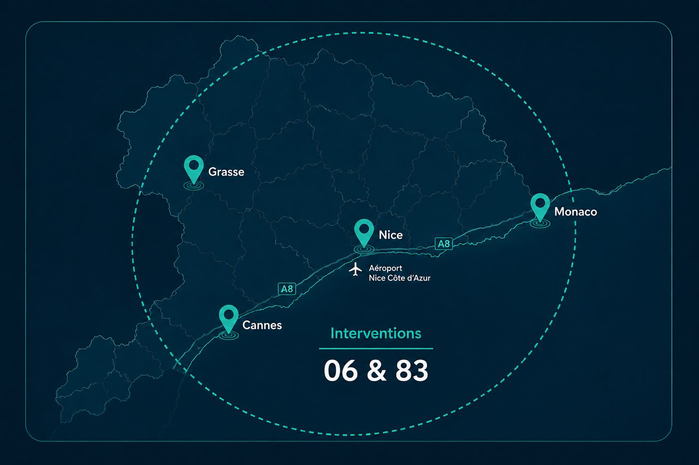 Zone d'intervention DOCO SERVICES : Grasse, Cannes, Nice, Monaco — départements 06 et 83